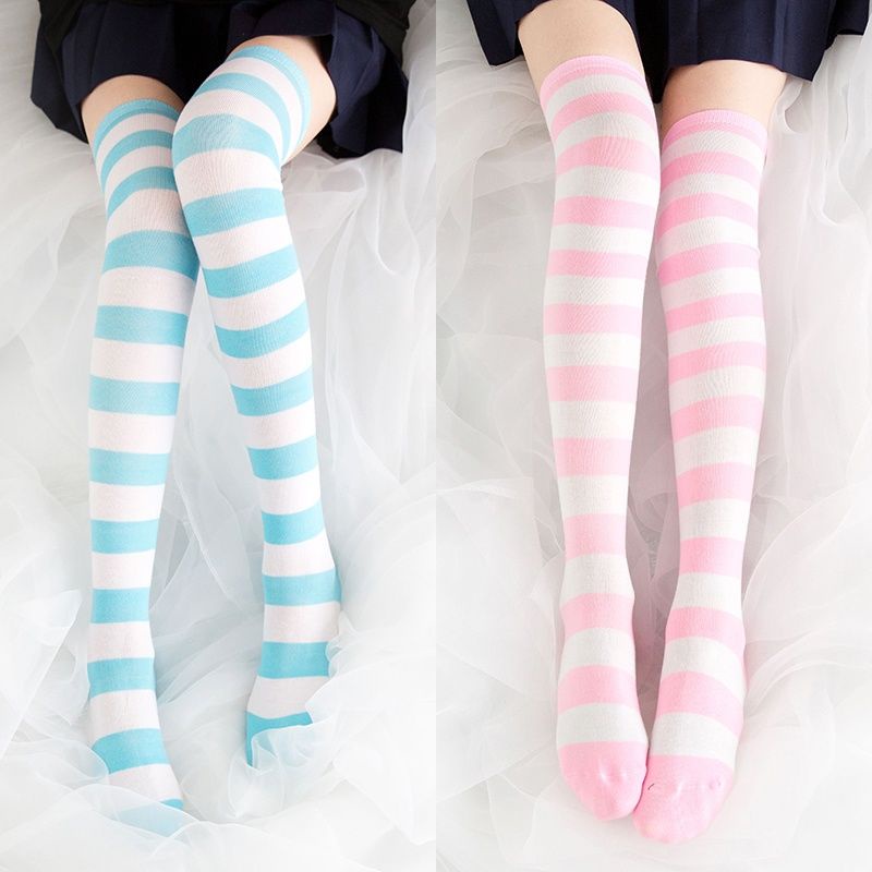 ถุงน่อง ความยาวเหนือเข่า ลายน่ารัก สไตล์ญี่ปุ่น ฮาราจูกุ สีฟ้า และสีขาว