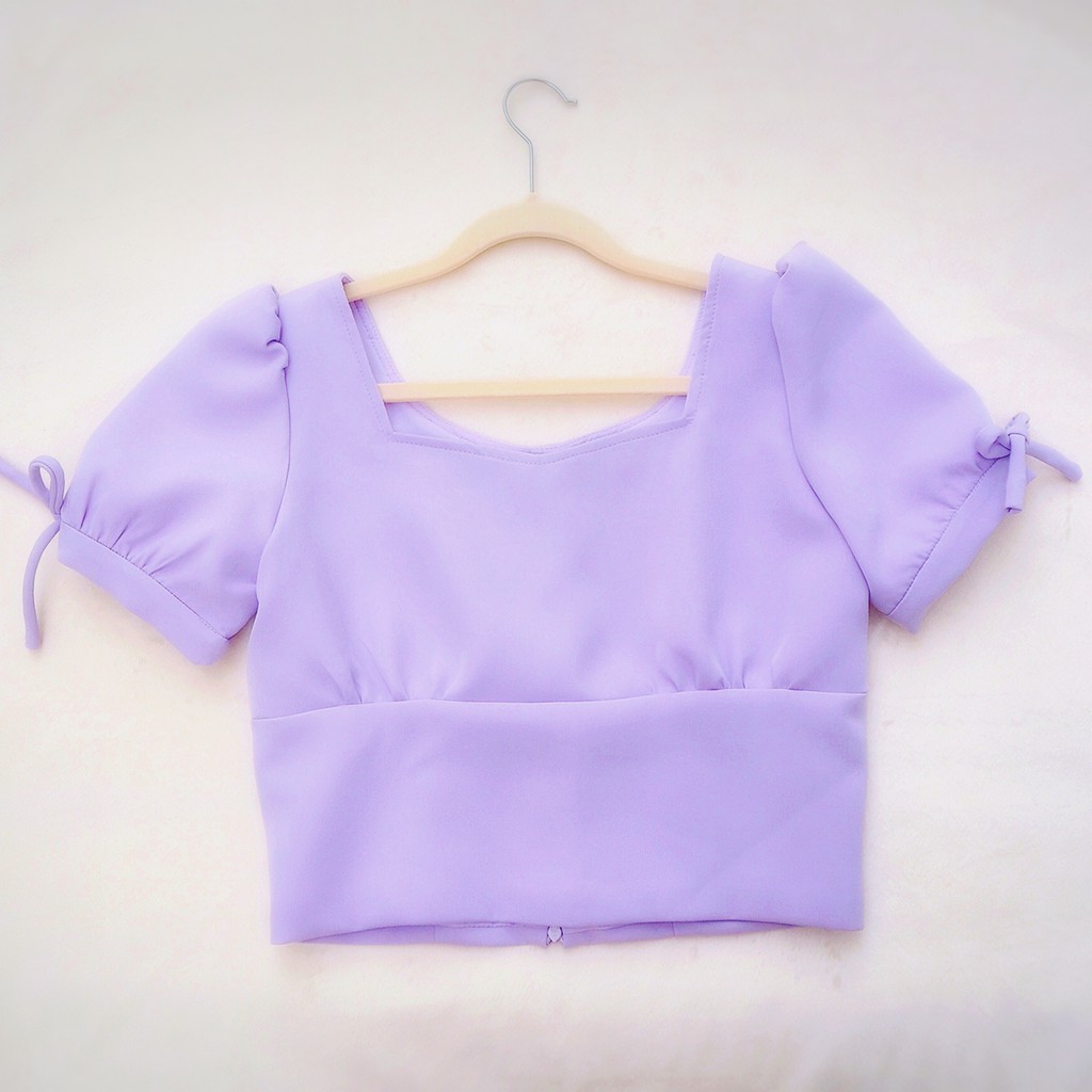 MY.BKK-เสื้อครอปคอหัวใจแขนตุ๊กตา อัดกาวทั้งตัว (Lavender)-Candy Puff Sleeves Crop Top