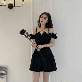 🍭คะนอง🍭 New Lace Up Little Black Skirt Cross Lace High Waist Sling A-line Dress Short Skirt