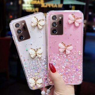 เคสโทรศัพท์มือถือ TPU ใส แบบนิ่ม ลายผีเสื้อ 3D มีสายคล้องคริสตัล สําหรับ Samsung Galaxy A72 A52 A52S A32 A42 A22 A12 A02S A02