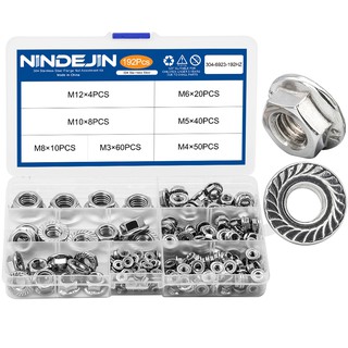 NINDEJIN 192pcs Hex Flange Nuts พร้อม Serration M3 M4 M5 M6 M8 M10 M12 304 สแตนเลสสตีลเมตริกหน้าแปลนชุด DIN6923 Assortment Kit