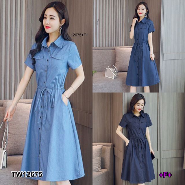 TW12675 Dress เดรสยีนส์เที่ยมสีพื้นแขนสั้น ติดกระดุมผ่าหน้า