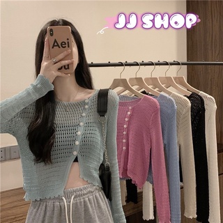 JJ shop 💜พร้อมส่ง เสื้อแขนยาวไหมพรม กระดุมหน้าเฉียงผ้าซีทรูเซ็กซี่นิดๆ "51521" -N