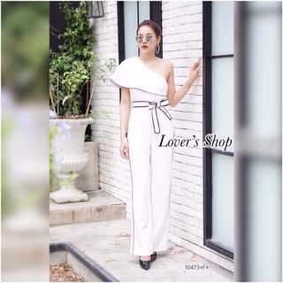 TW10473 Jumpsuit จั้มสูทขายาวไหล่เดียว แต่งระบาย แต่งกุ้นดำตัดกับชุด มีซิปข้าง + สายผูกเอวเก็บทรงชุด