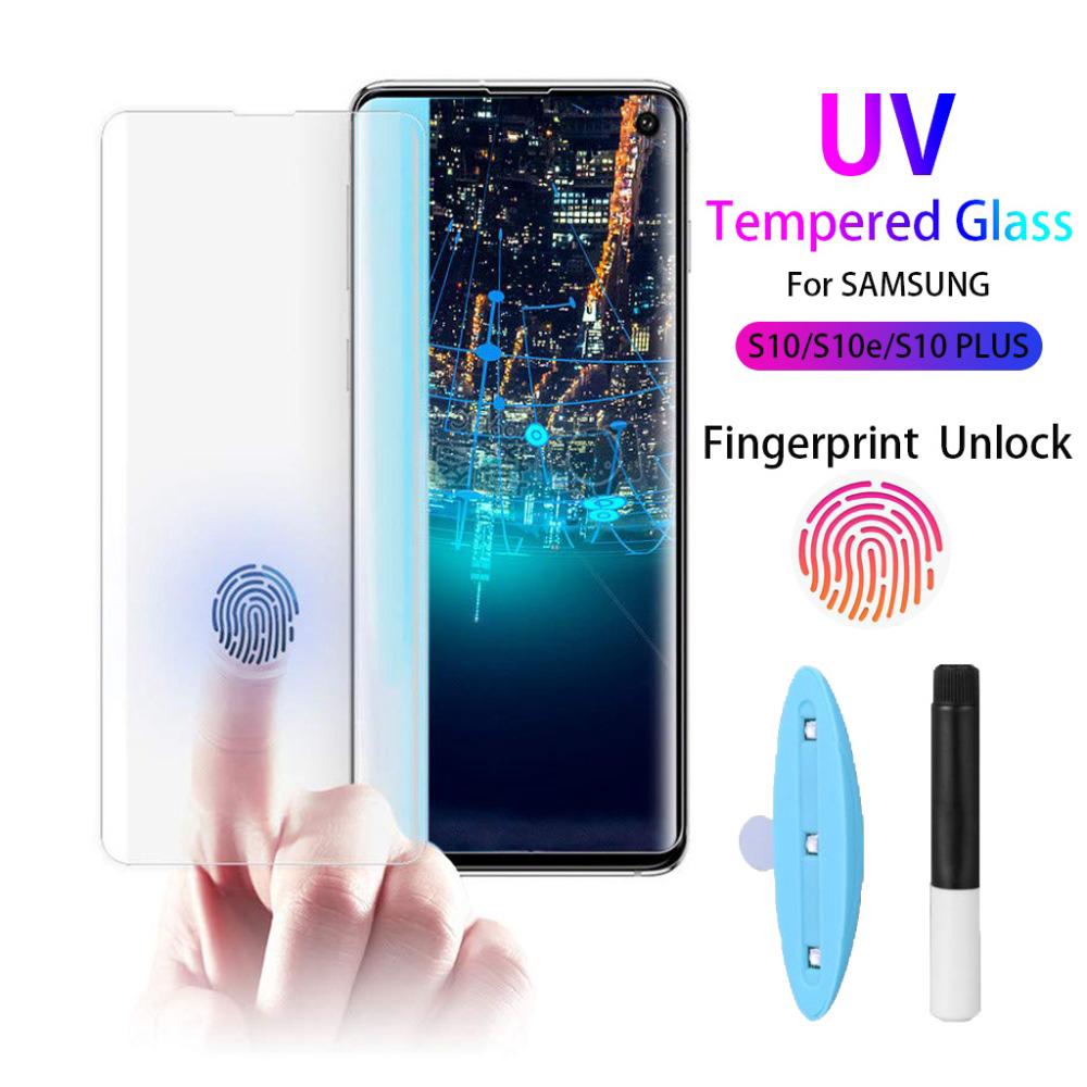 3d กาวเต็ม กระจกนิรภัย ลายนิ้วมือ ปลดล็อกด้วย UV กระจก สําหรับ Samsung S10Plus / S10 สําหรับ Samsung Series