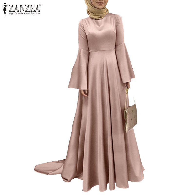 Zanzea ชุดแม็กซี่เดรส แขนยาว ผ้าซาติน มีซิปด้านหลัง สีพื้น สําหรับผู้หญิงชาวมุสลิม