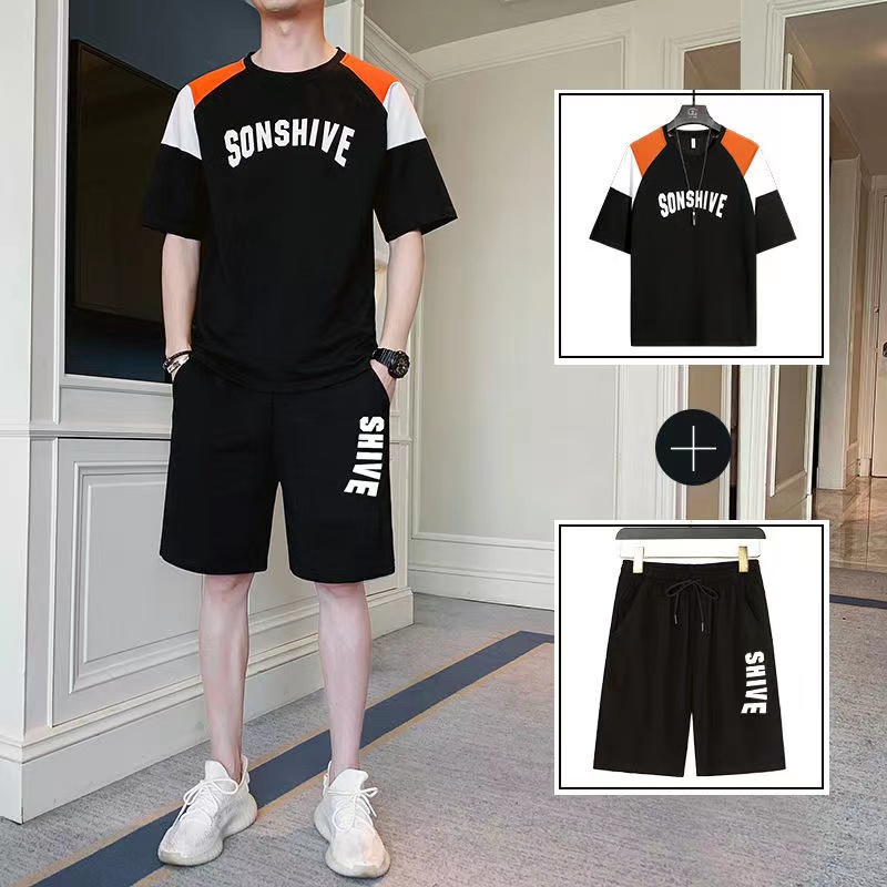 【พร้อมส่ง】ชุดกีฬาผู้ชายแขนสั้นชุดกีฬากางเกงขาสั้นขนาดใหญ่ชุดลำลอง