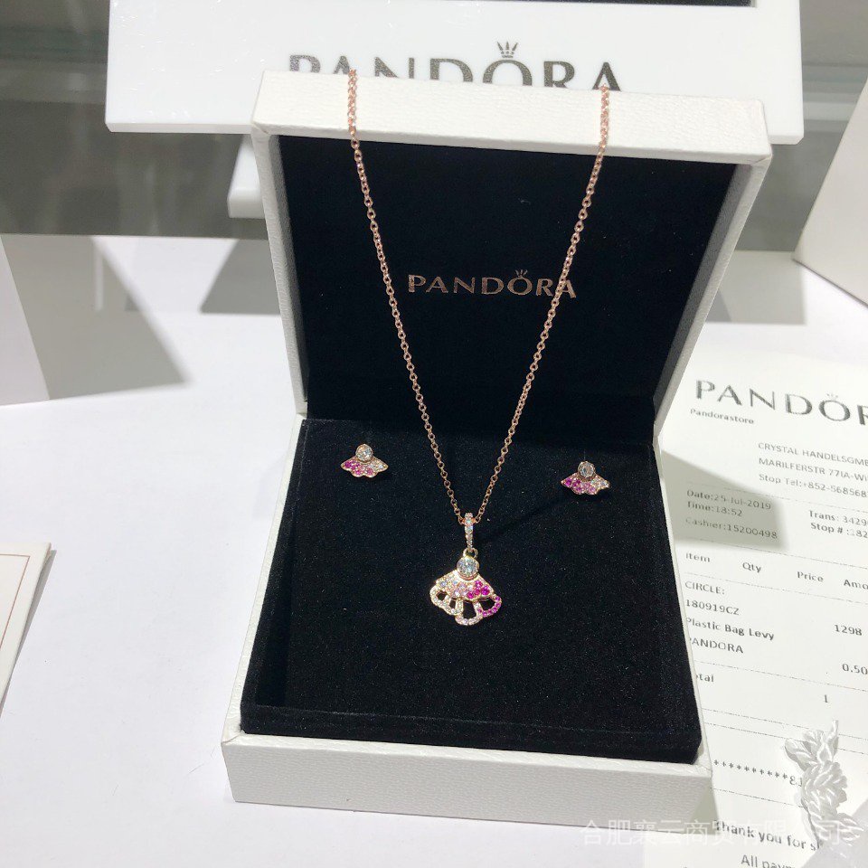 Pandora ชุดเครื่องประดับ สร้อยคอ ต่างหู เงิน 925 สีชมพู สําหรับผู้หญิง pg6