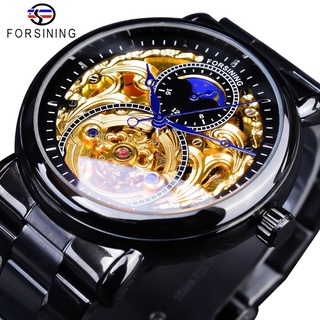 Forsining Classic Black Golden Clock Black Stainless Steel Fashion Blue Hands Design Mens Automatic Watches Horloges Ma