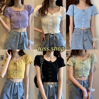 Kiss.shop🌟พร้อมส่ง🌟เสื้อยืดผ้าครอบแขนสั้นแต่งหยัก แต่งโบว์ข้างหน้าได้ แต่งคอรูดได้ (9980)