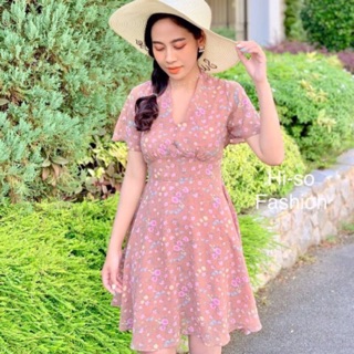 🌸i-so floral dress🌸(184) เดรสคอวีแขนย้วย ผ้าชีฟองทรายพิมพ์ลาย