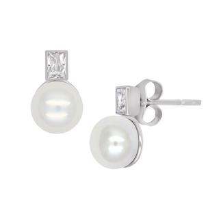 A.CEMI Baguette Pearl Stud Earring ต่างหูมุกแท้ ต่างหูเงินแท้ ชุบทอง 18K โรสโกลว์ ต่างหูดีไซน์