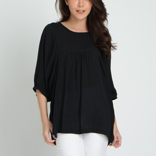 C&amp;D COTTON BLOUSE เสื้อซีแอนด์ดี เสื้อไม่มีปก แขนยาว ผ้าคอตตอน สีดำ (CL5OBL)