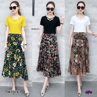 TwinsShopVip💗พร้อมส่ง TW10761 Set 2 ชิ้น เสื้อแขนสั้นคอแต่งสายกากบาท + กระโปรงยาวลายดอกไม้กราฟฟิก