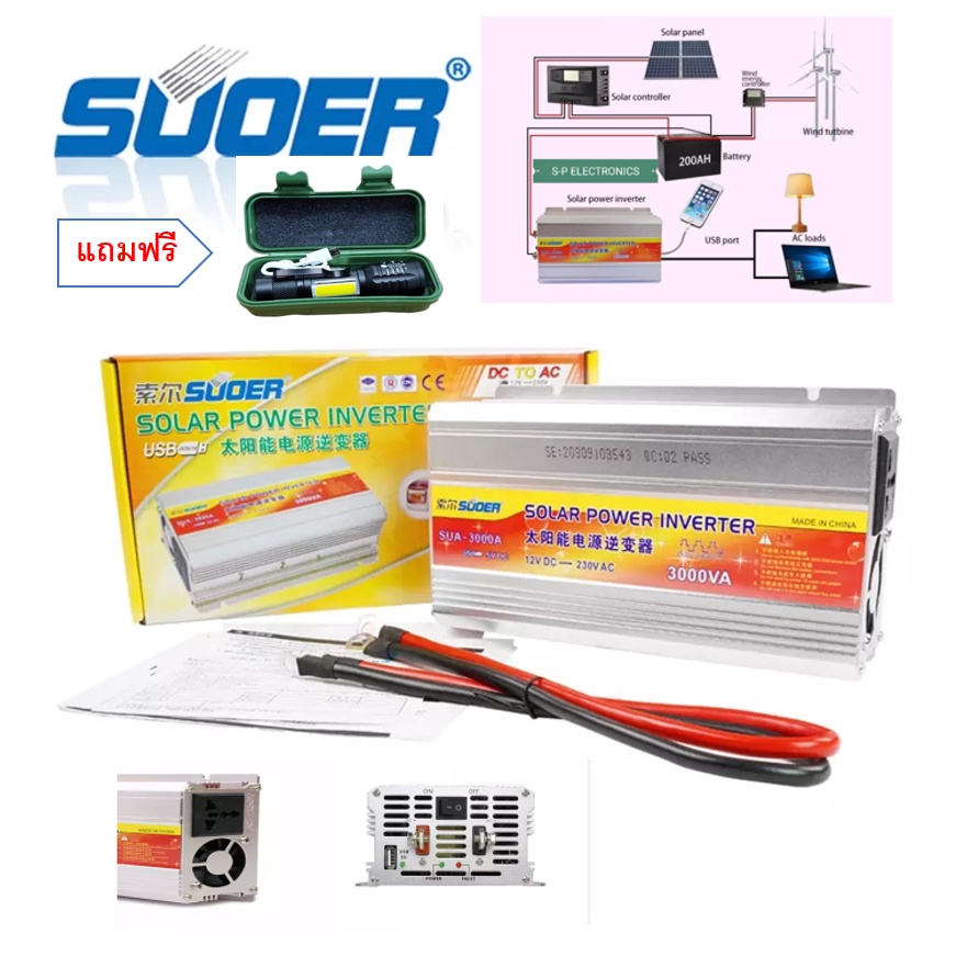 Suoerอินเวอร์เตอร์ 12V 3000VA 12V to 220V Portable Smart Power Inverter ...