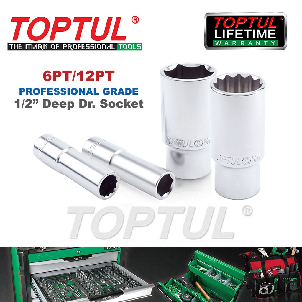TOPTUL 1/2" DEEP SOCKET 8mm - 32mm (6PT/12PT) ซีรีส์ BAEE /BAEF
