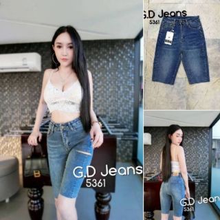 G.D.Jeans รุ่น 5361#กางเกงยีนส์ผ้ายืดสามส่วนสีเข้มขีดขาดข้าง 💦💦