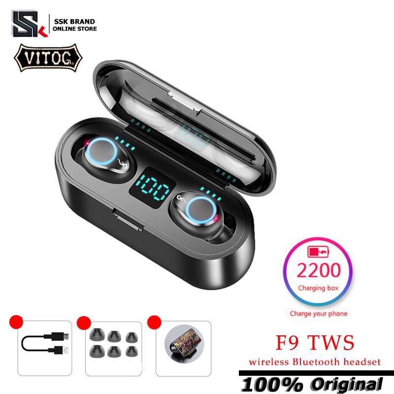 VItog F9 TWS หูฟังไร้สาย Smart 5.0 Bluetooth matching wireless headset, 2200 Ma battery capacity