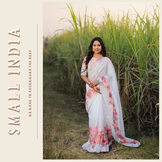 {**ส่งฟรี**} SMALL INDIA 🦚✨ White Chanderi Silk Saree ชุดสาหรี 🦚✨ Women Saree