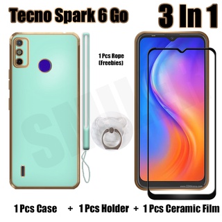 3 IN 1 Tecno Spark 6 Go (KE5j) เคส พร้อมกระจกนิรภัยโค้ง เซรามิค ป้องกันหน้าจอ และตัวยึด ซิลิโคนนุ่ม เคลือบไฟฟ้า เคสโทรศัพท์