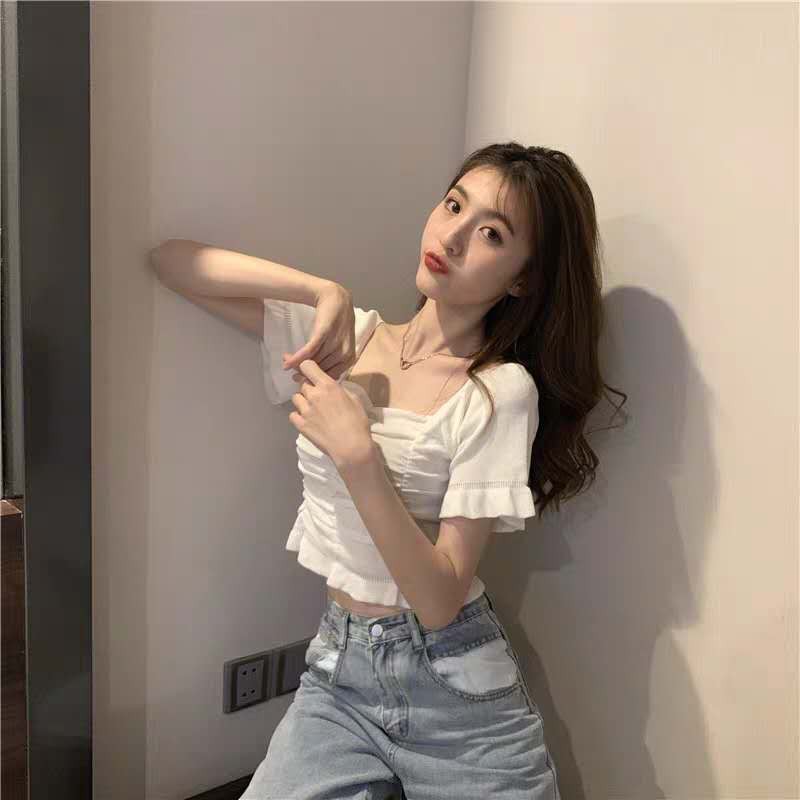 [ รุ่น 005-3 ] Best clothes เสื้อครอปไหมพรมคอเหลี่ยมแขนสั้นทรงรัดรูปแฟชั่นเกาหลี - รูปที่ 4