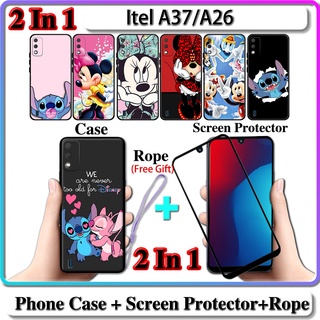 2 IN 1 เคส Itel A37 A26 พร้อมกระจกนิรภัยกันรอยหน้าจอโค้ง เซรามิค ลาย Stich และ Minnie