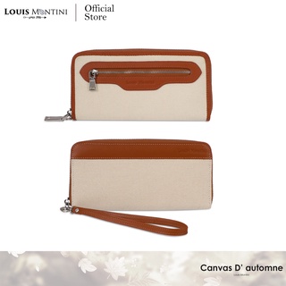 Louis Montini (Canvas D automne) กระเป๋าสตางค์ผู้หญิง กระเป๋าผ้าแคนวาส ปะหนังวัว ใบยาว กระเป๋าซิปรอบ กระเป๋าคล้องมือผู้หญิง – WL53