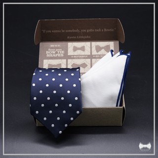 เซ็ทเนคไทน้ำเงินลายจุดนำเข้า+ ผ้าเช็ดหน้าสูท-Blue Polka dot Necktie