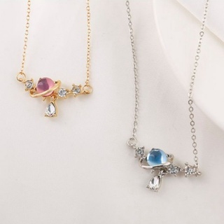 Saturn Sky Pink Gem Diamond Silver Gold Necklace สร้อย คอ ดาวเสาร์ สี ฟ้า ชมพู เงิน ทอง ประดับ เพชร