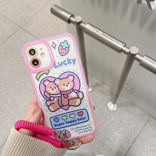 เคสโทรศัพท์มือถือ ลายหมีสองตัว พร้อมสายคล้อง สําหรับ Apple Iphone 14plus 13promax 11 xsmax 678plus