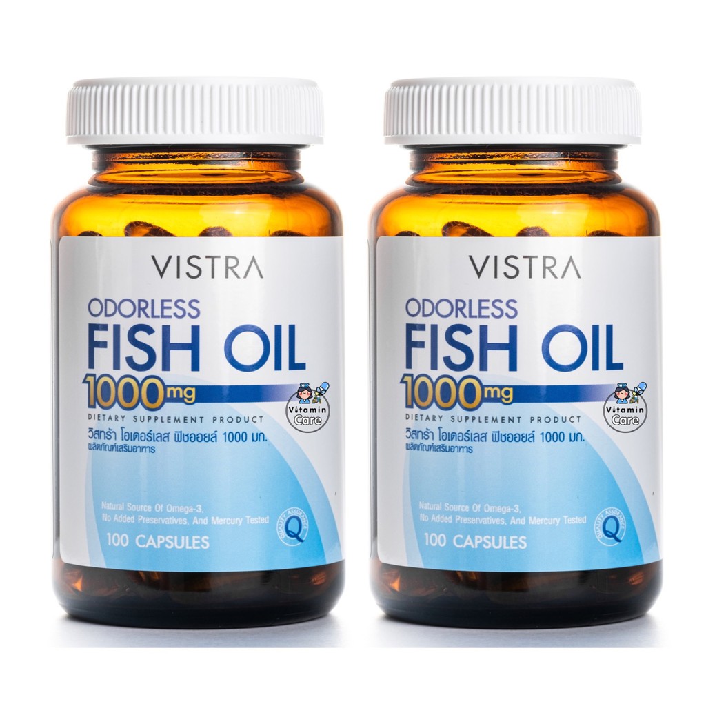 Exp.11/2028 น้ำมันปลาไร้กลิ่นคาว (100แคปซูล x 2ขวด) Vistra Odorless Fish Oil 1000mg วิสทร้า โอเดอร์เลส ฟิชออย