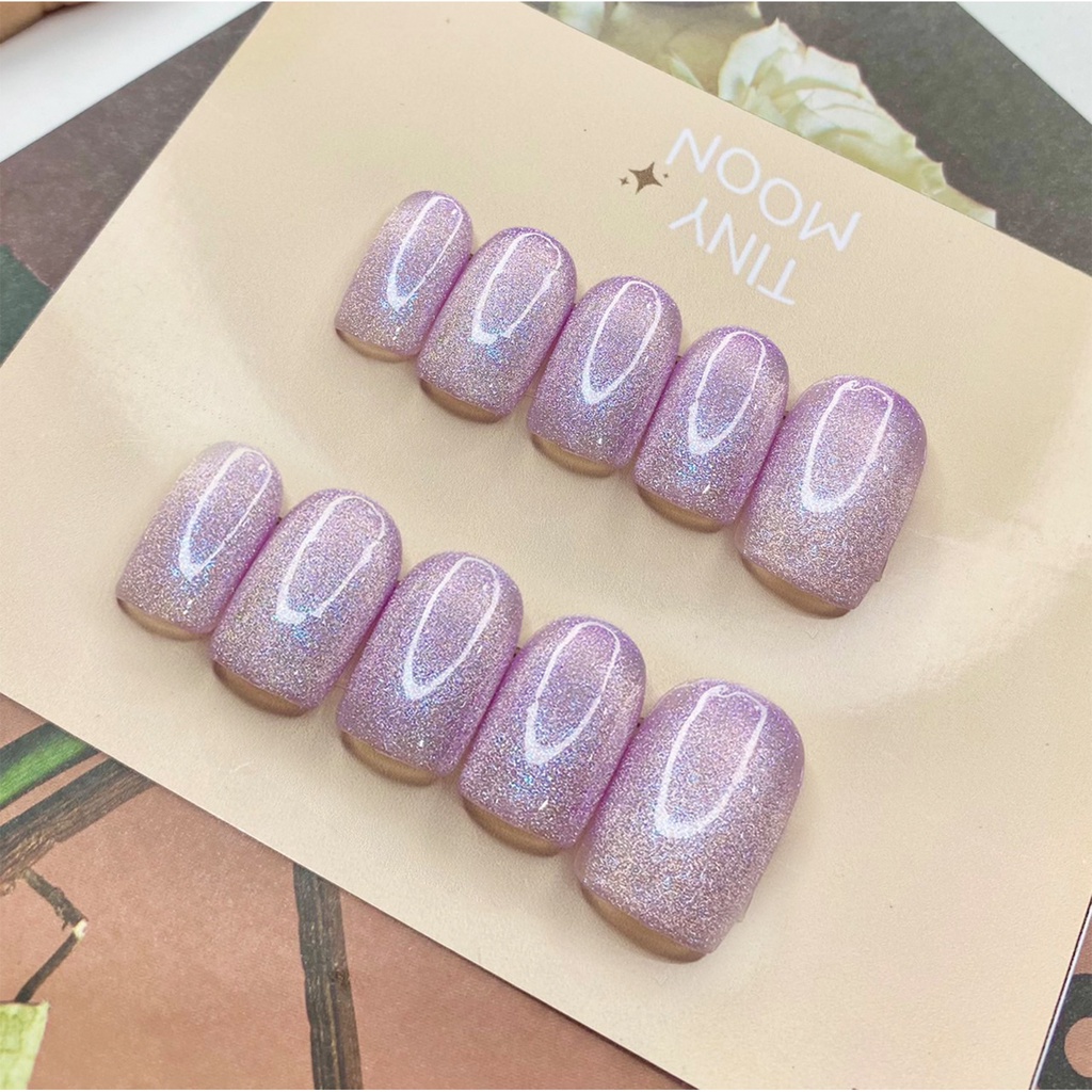 New เล็บเจลติดเองสวยตรงปก Dream Cat Eye ชมพูพาสเทลประกายม่วงอ่อนๆ//เลือกทรงได้แถมฟรีกาวตะไบ