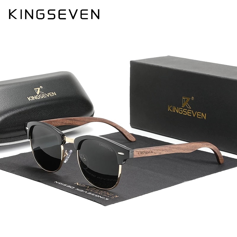KINGSEVEN ແວ່ນກັນແດດ ໄມ້ walnut ໂພລາໄລໄຊ UV400 ບໍ່ມີຂອບ ແຮນເມດ ສະໄຕລ໌ເຣໂທຣ ໃສ່ໄດ້ທັງຜູ້ຍິງ/ຜູ້ຊາຍ 2022