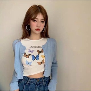 เสื้อครอปแขนสั้นพิมพ์ลาย มีดีเทลแขน