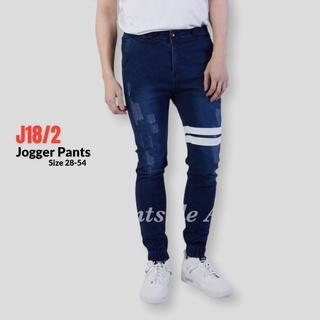 JOGGER Jeans กางเกงขาจั้ม ผ้ายีนส์ยืด เป้าซิป สียีนส์เข้ม สะกิดขาด แต่งแถบขาว งานเย็บละเอียด Size 28-54