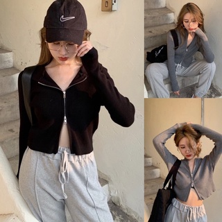Korean🧧 เสื้อครอปไหมพรมแขนยาวมีฮู๊ด ซิปรูดได้ทั้งบนและล่าง 2 สี