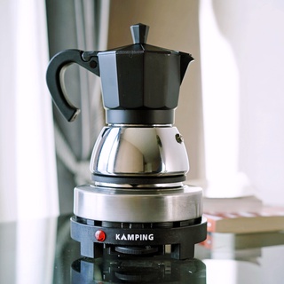 (สีดำ) Kamping ชุดเตาไฟฟ้า 500W + กาต้มกาแฟ มอคค่าพอท ฐานสแตนเลส Stainless Moka Pot (4cup/200ml)