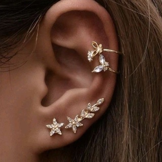 E13 : Rhinestone Star &amp; Butterfly Earrings (4pcs) ตุ้มหูแบบหนีบและแบบเจ้าตกแต่งเพชรรูปดาวและผีเสื้อ (4ชิ้น)