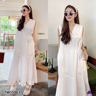 TW15963 Cute Style Dress เดรสทรง oversize แขนกุด คอวีดีเทลตัดต่อเป็นชั้น เนื้อผ้าคอตต้อน