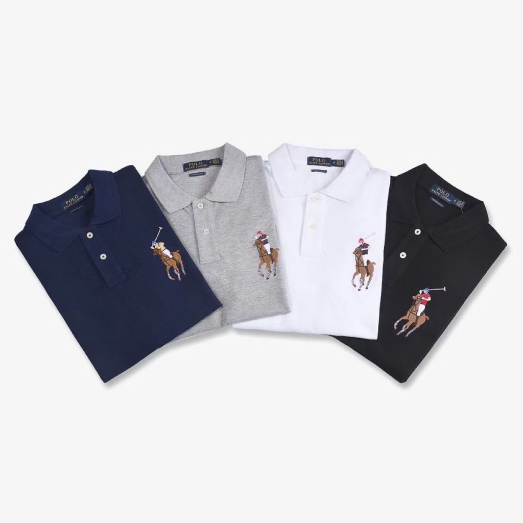 2023 Summer_Ralph Laurens เสื้อโปโลลําลองผู้ชายแขนสั้นเปิดลงปก Slim Fit ขายเสื้อโปโลสีสําหรับชาย Plus ขนาด