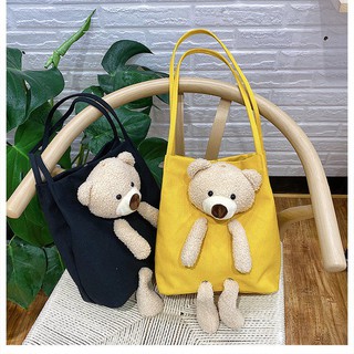 miumiubag(MI1597) กระเป๋าสะพายข้าง ตุ๊กตาหมี ผ้าแคนวาส กระเป๋าถือ