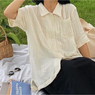 White Waffle Shirt เชิ้ตผ้าฝ้ายสาลูสีขาวธรรมชาติ Unisex (w02)