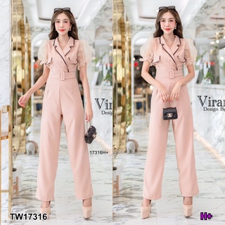 TW17316 Jumpsuit จั้มสูท ขายาว คอปก แต่งริบบิ้นหยัก ทรงแขนพองผ้าแก้ว เข็มขัดปั้ม งานสุดหรู ทรงเข้ารูปสวย งานน่ารักๆดีไซน