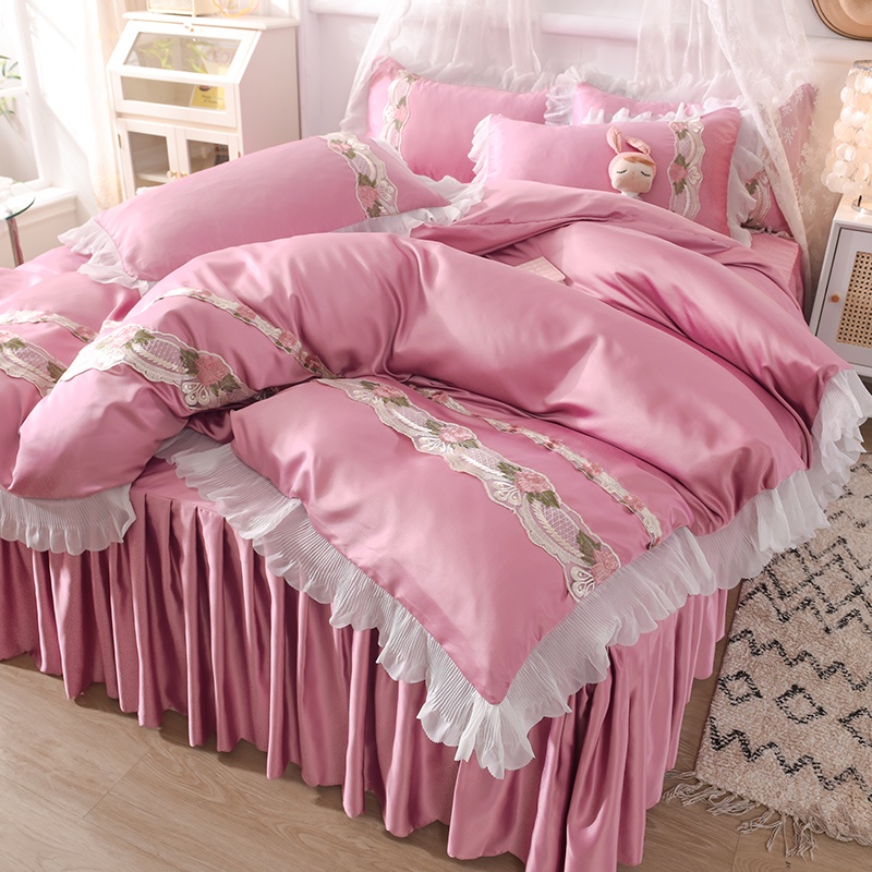 ผ้าปูที่นอน ชุดผ้าปูเตียง 5ฟุต 6ฟุต มีกระโปรงเตียง สีพื้น ผ้านุ่มลื่น เย็นสบาย ลายน่ารัก  4 ชิ้น - JN01 ชมพูเข้ม
