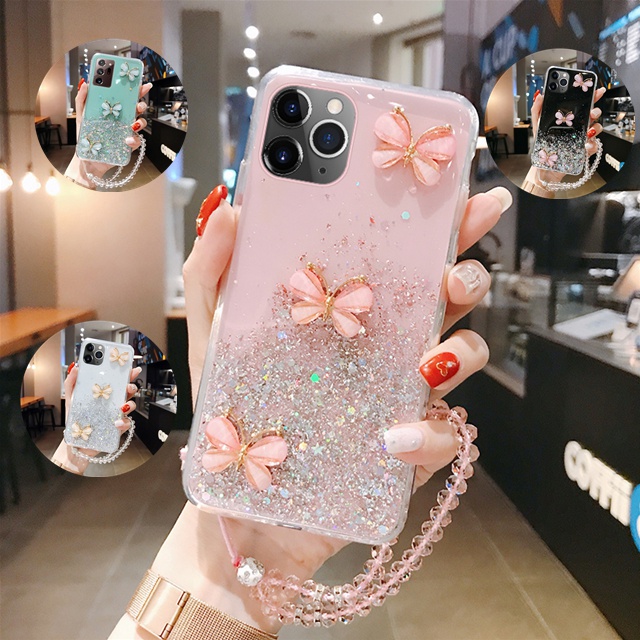 SAMSUNG สําหรับsamsung Galaxy S24FE S23FE S25 S24 S23 Ultra S23 S24 S25 Plusโปร่งใส 3Dผีเสื้อBling GlitterคริสตัลLanyard Clearซิลิโคนนุ่มโทรศัพท์กรณี