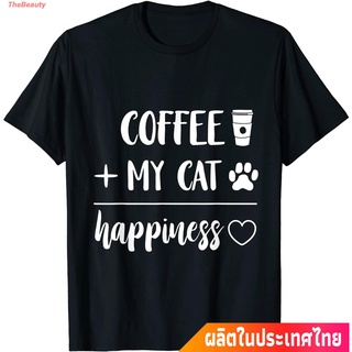 เสื้อยืดผ้าฝ้ายพิมพ์ลายขายดีเสื้อผ้ามีสไตล์TheBeauty 2022 แมว น่าสนใจ น่ารัก  Cute Cat Coffee Tshirt Womens Graphic คอก