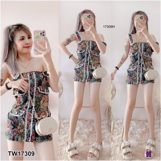 17309 Dress เดรสสายแต่งลูกไม้ ลายดอก One-shoulder dress with floral pattern