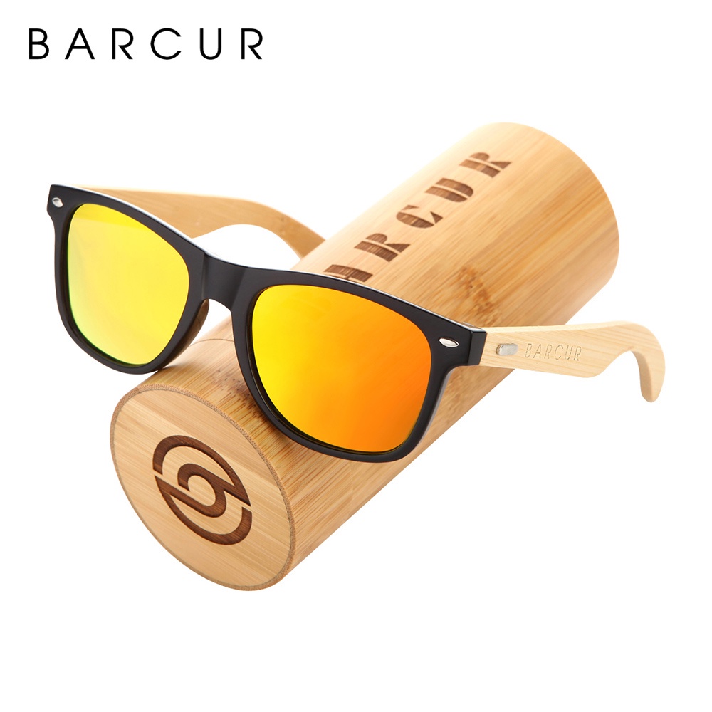 BARCUR Polarized Glasses Men Bamboo Wood Sun Glasses Women Fashion Mirror Sunglasses Brand