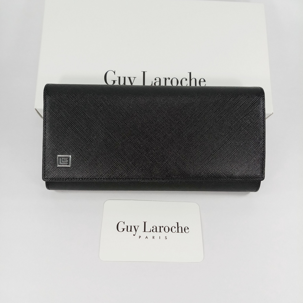 {GL288} Guy Laroche กระเป๋าสตางค์ใบยาว สามพับ สีดำ หนังลาย โลโก้GLเหลี่ยม สีเงิน ของใหม่ ของแท้ 100%