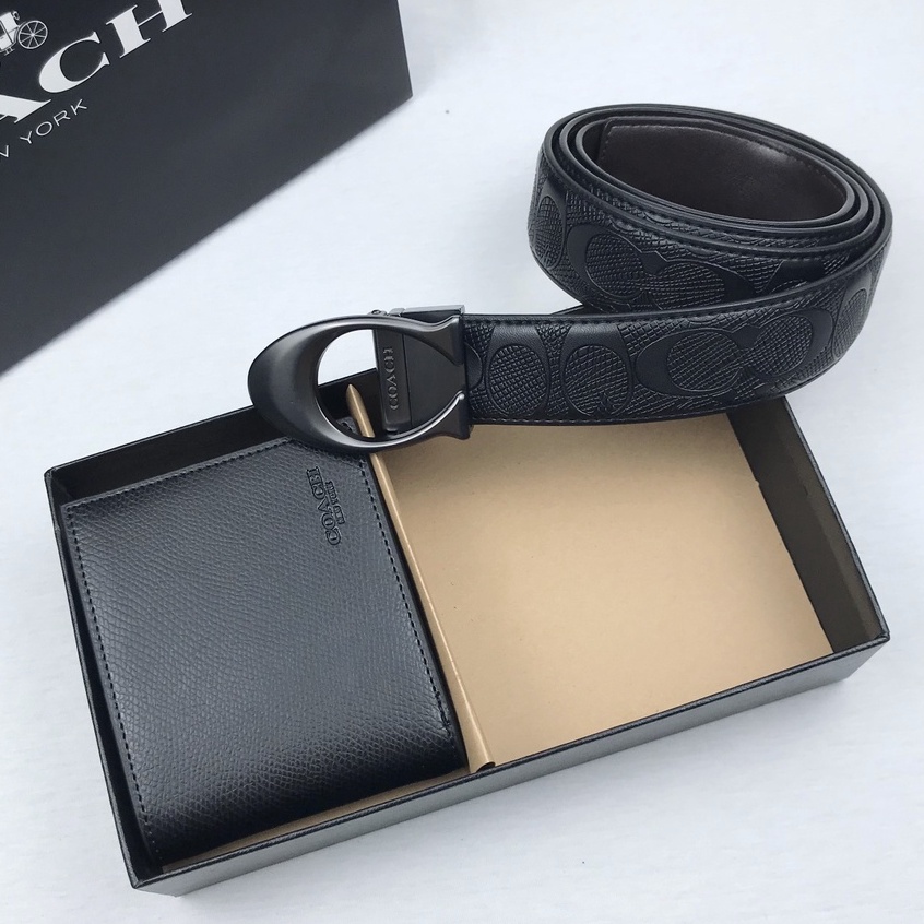 [ขายร้อน] COACH เข็มขัด + กระเป๋าสตางค์ผู้ชาย เข็มขัด Multi-Card Wallet Gift Set